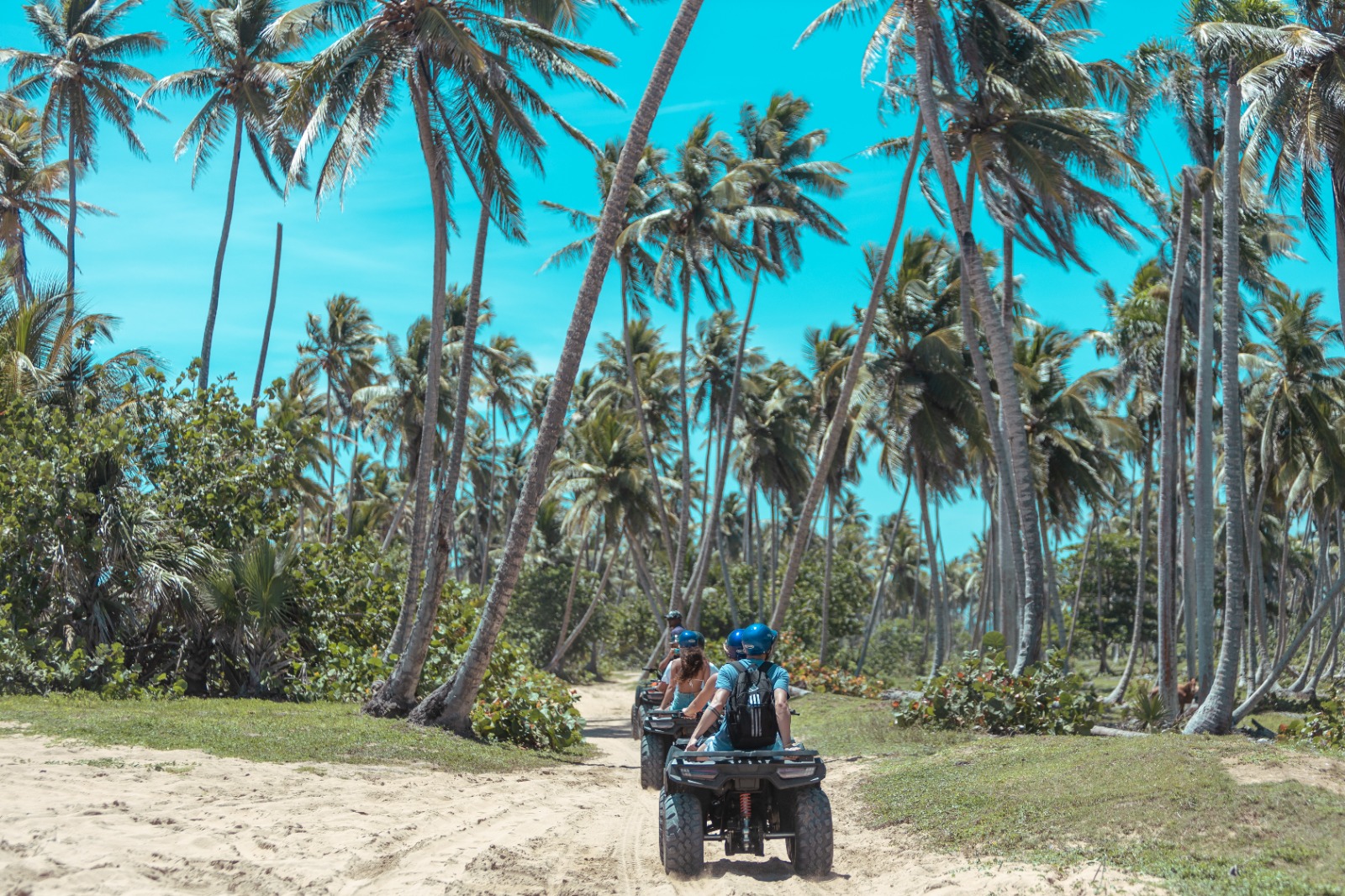 Viajeros conduciendo quads entre palmeras durante una excursión de Destiny